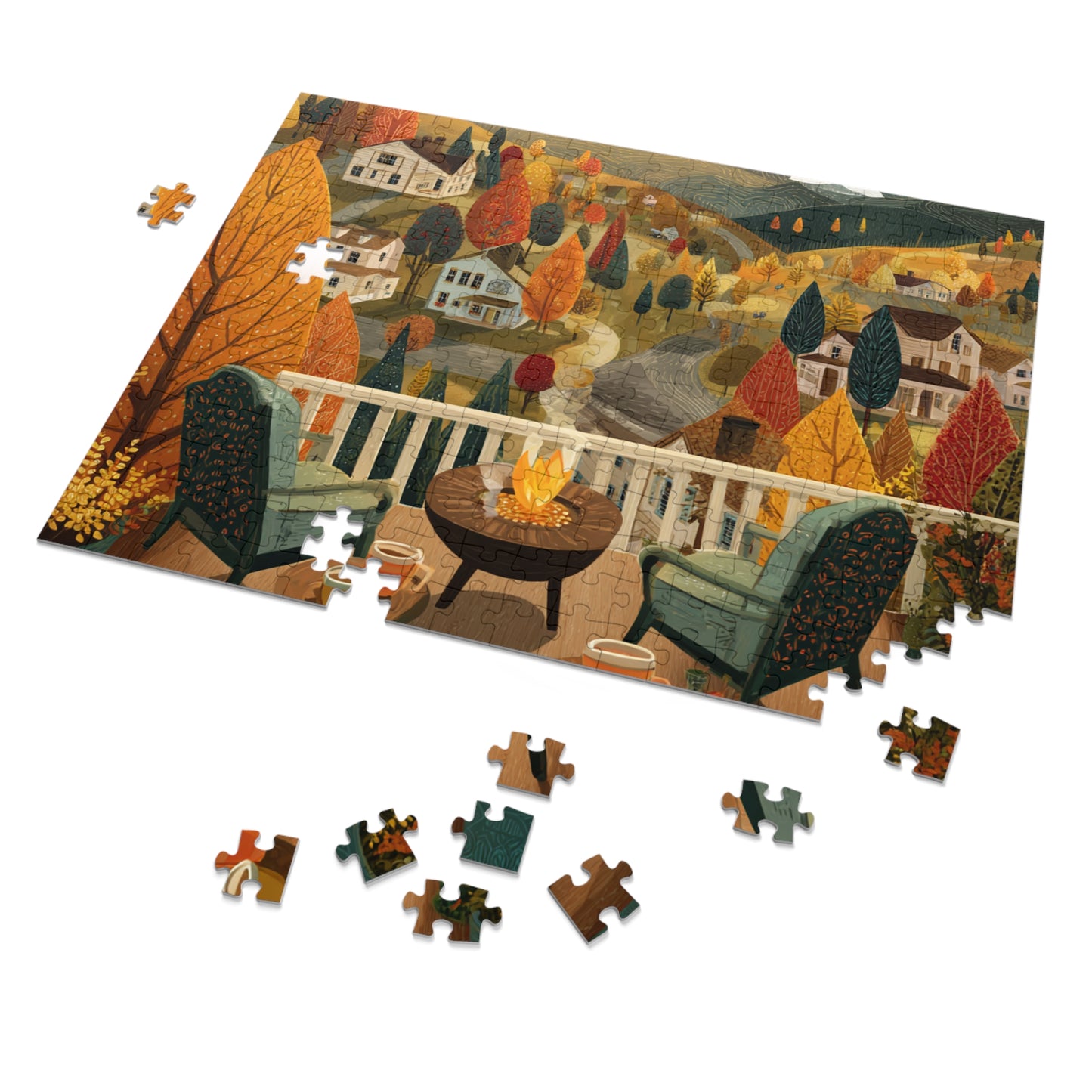 Autumn Porch Scene Jigsaw Puzzle with Tin — Cozy Fall Landscape 500pc