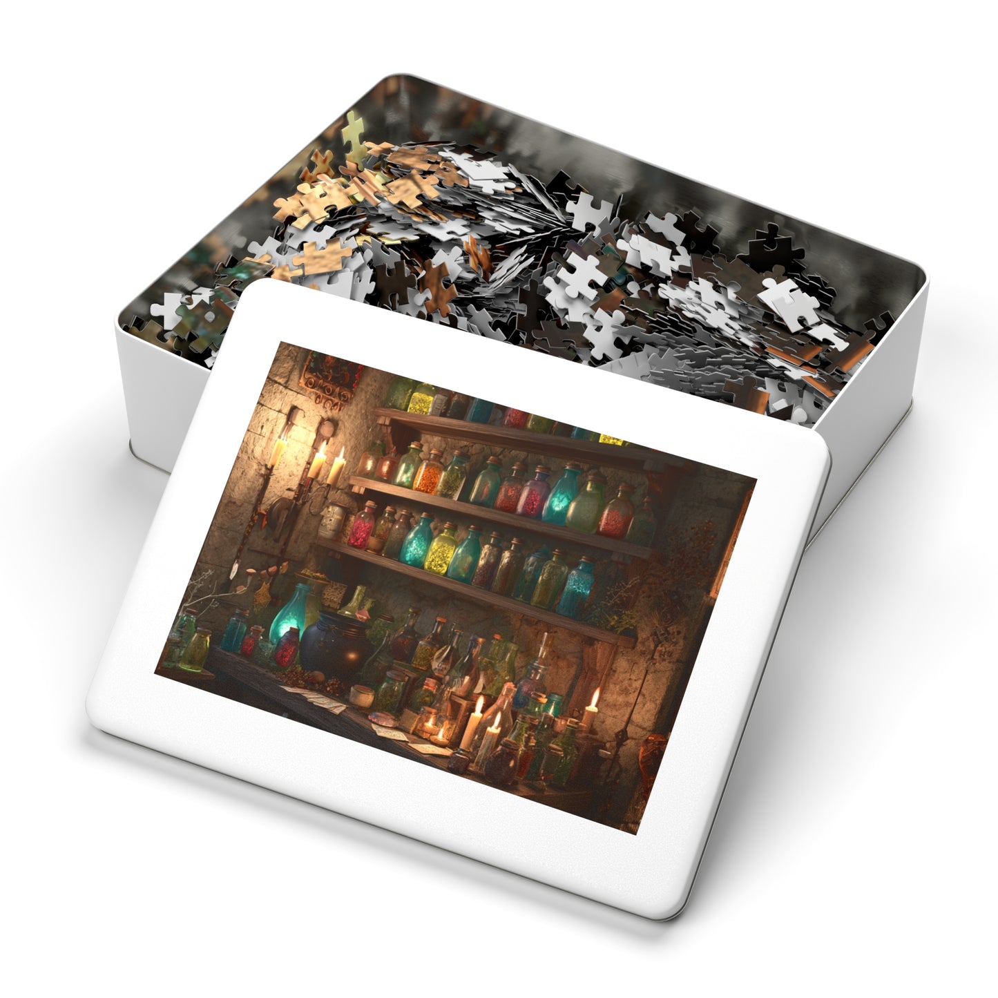 Witchs Potion Room Puzzle with Spellbinding Bottles, Magical Brews an Enchanted Jigsaw Puzzle with Decorative Tin