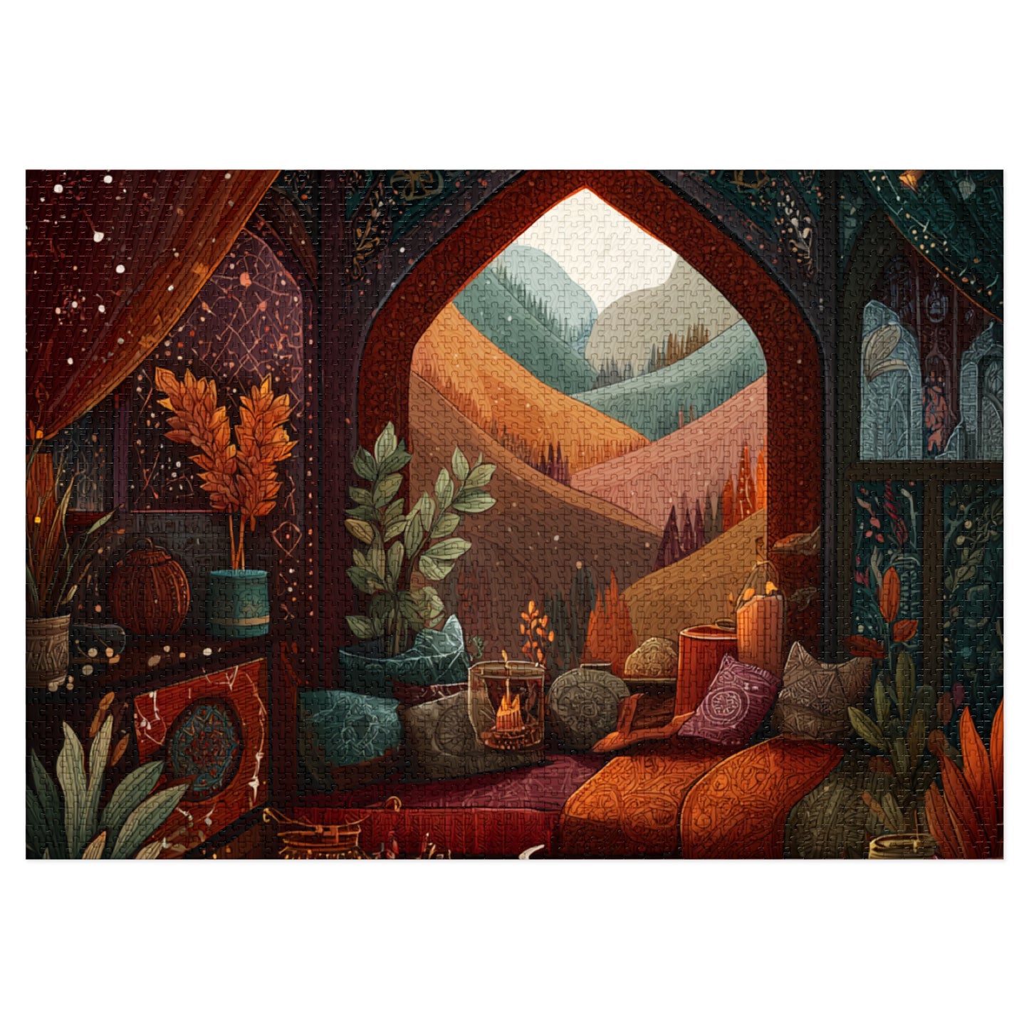 Cozy Autumn Window View Jigsaw Puzzle — 500-Piece Scenic Puzzle with Tin