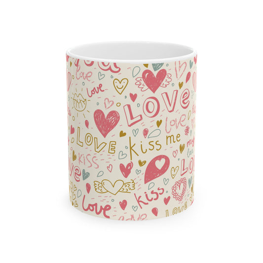 Colorful Love Mug, Hearts and Kisses Coffee Cup, Valentines Day Gift, Romantic Mug for Couples, Gift for Friends, Family, Significant Other