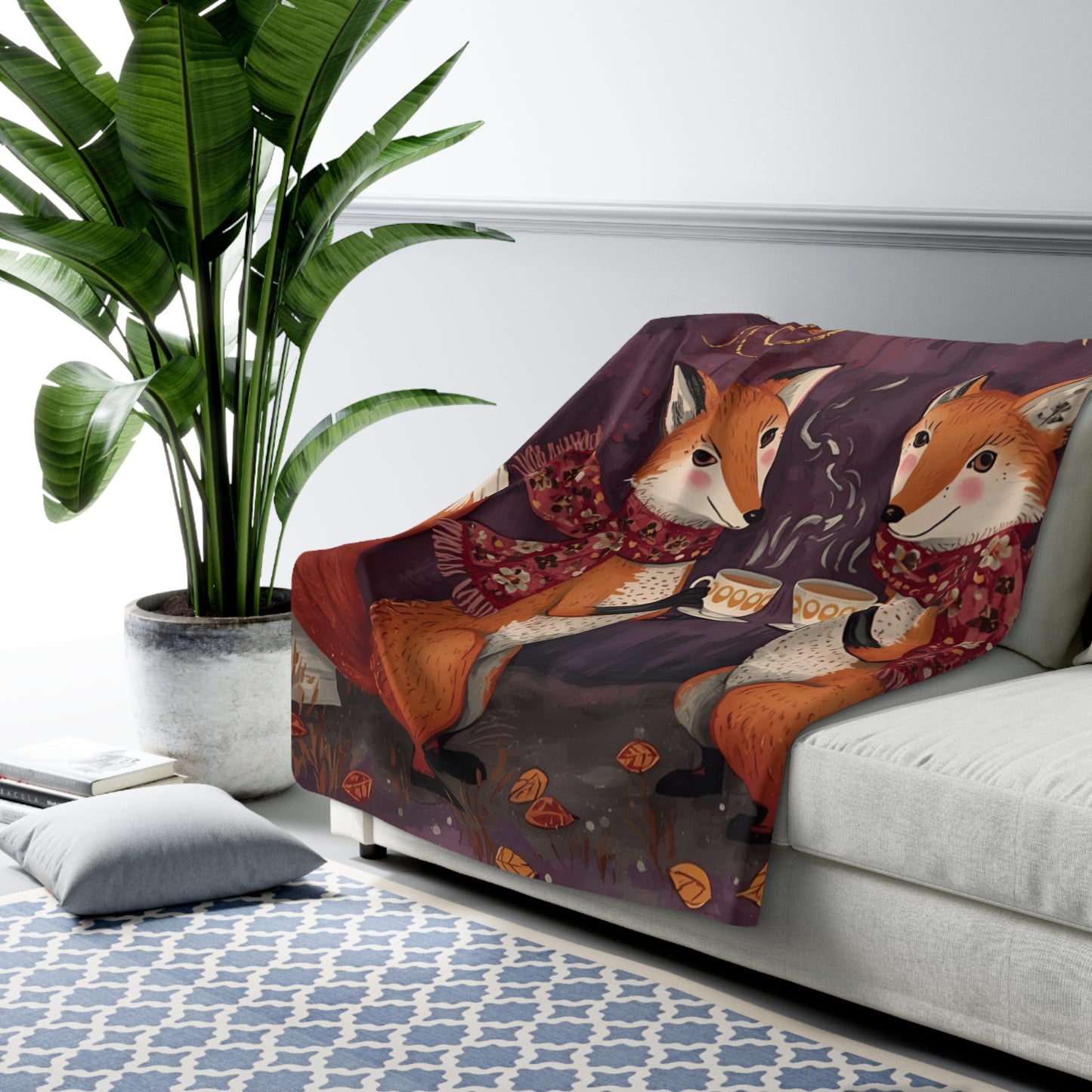 Whimsical Fox Tea Party Sherpa Fleece Blanket | Cozy Woodland Throw | Soft Plush Blanket Gift | Cute Animal Blanket