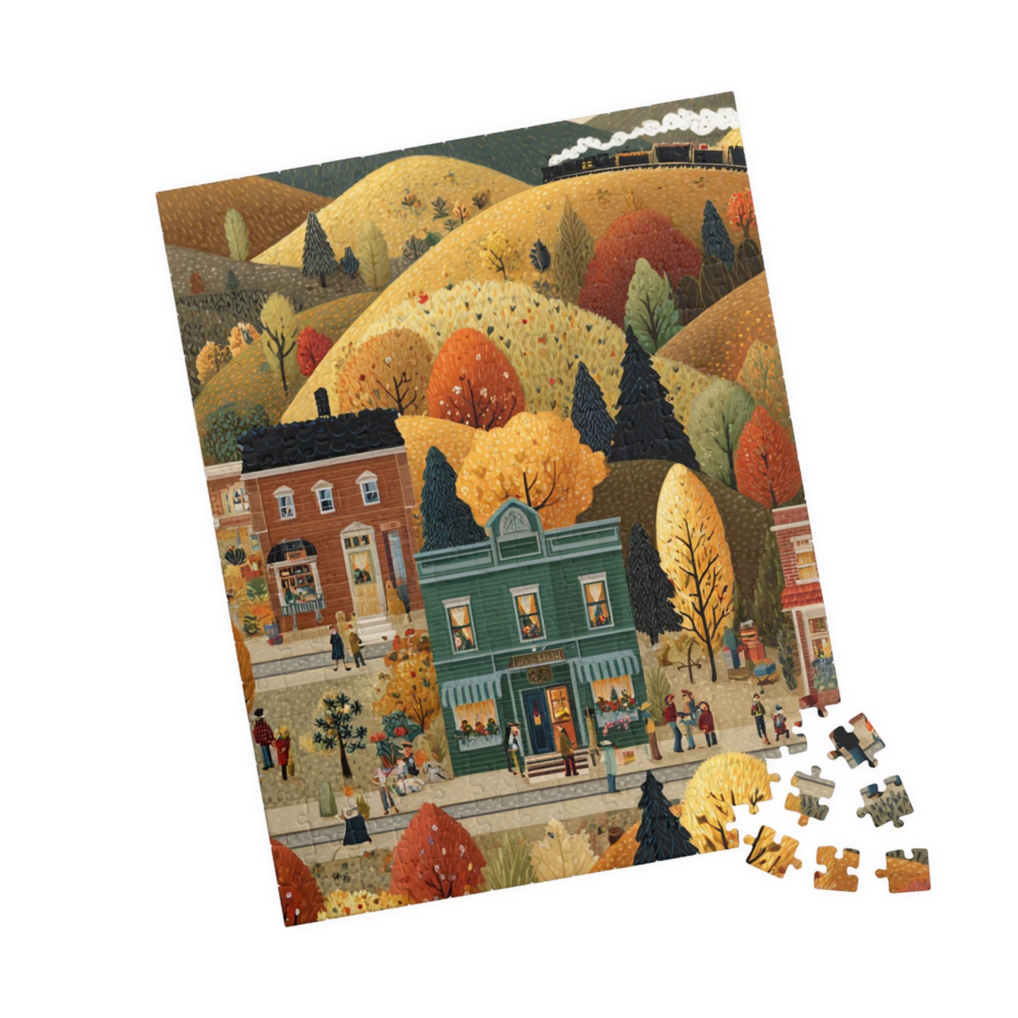 Whispering Pines Village Puzzle | Autumn Mountain Countryside Scene | Cozy Fall Jigsaw Gift | Jazz N’ Coffee Puzzles