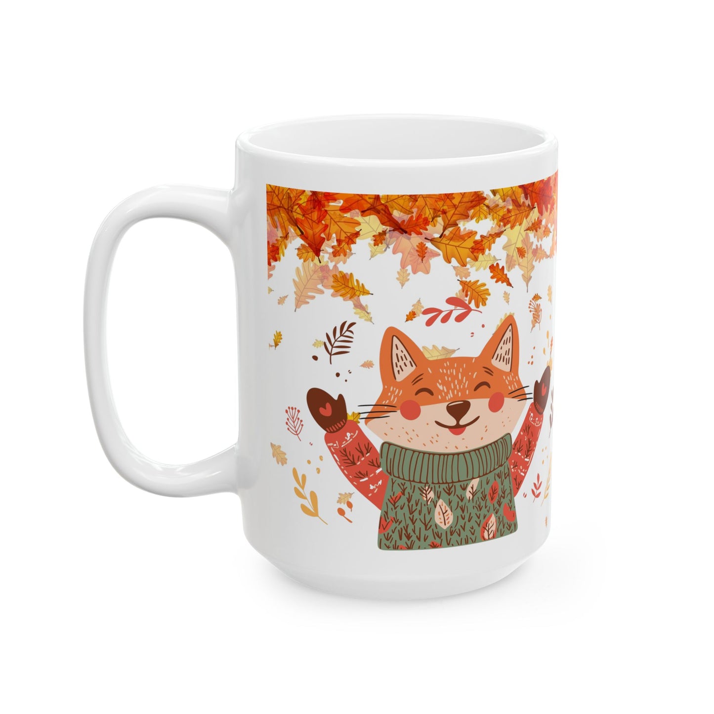 Autumn Fox with Leaves Ceramic Mug, Fall Coffee Mug, Autumn Mug, Thanksgiving Mug, Back to School Mug, Fox Lovers Gift, 11oz and 15 oz mugs