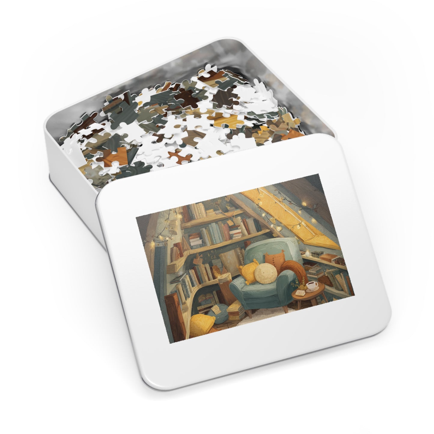 Cozy Reading Nook Jigsaw Puzzle (with Tin) — Warm Attic Books & Tea Scene