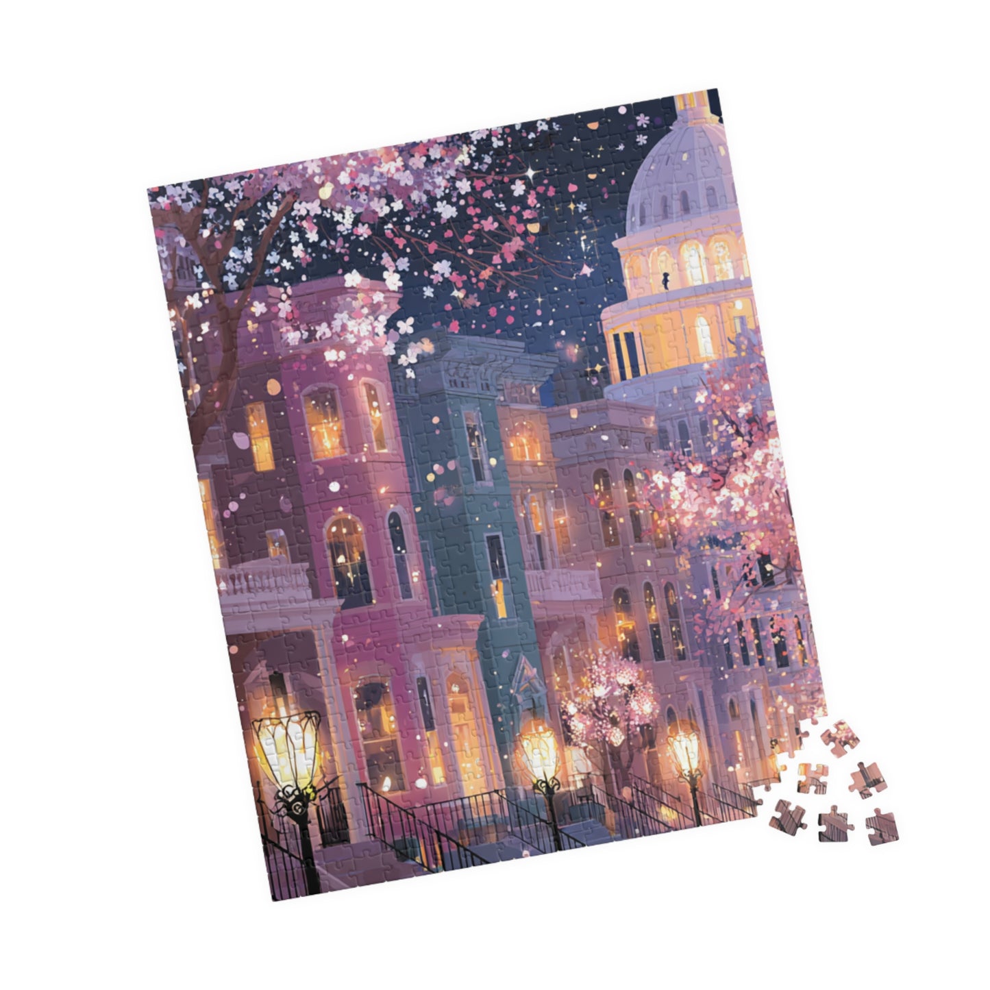 Washington DC Cherry Blossom Cityscape Puzzle — Scenic Nighttime Street 110–1014 Piece Jigsaw