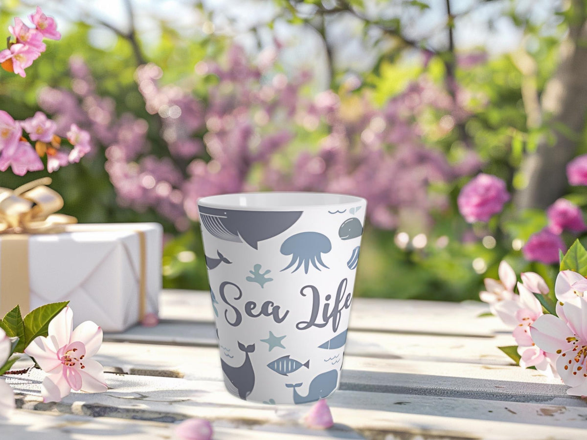 Ocean Life Latte Mug, Whale Coffee Cup, Sea Animal Ceramic Drinkware, Nautical Tea Mug, Beach Theme Cup