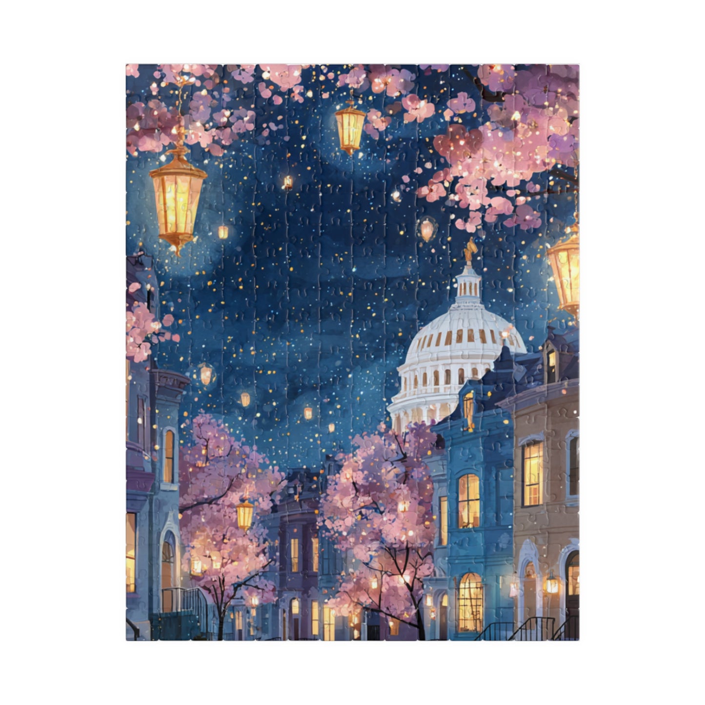 Cherry Blossom Night Skyline Puzzle — Washington Capitol Evening Jigsaw (110–1014 pcs)