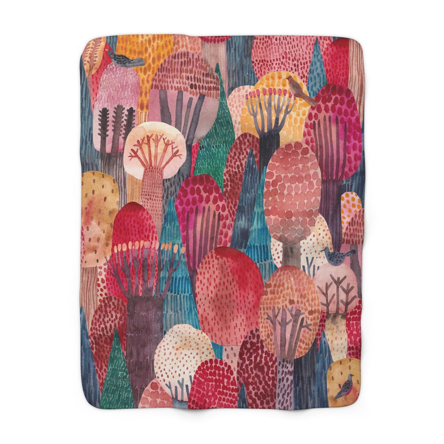 Cozy Forest Sherpa Blanket — Colorful Watercolor Trees Throw