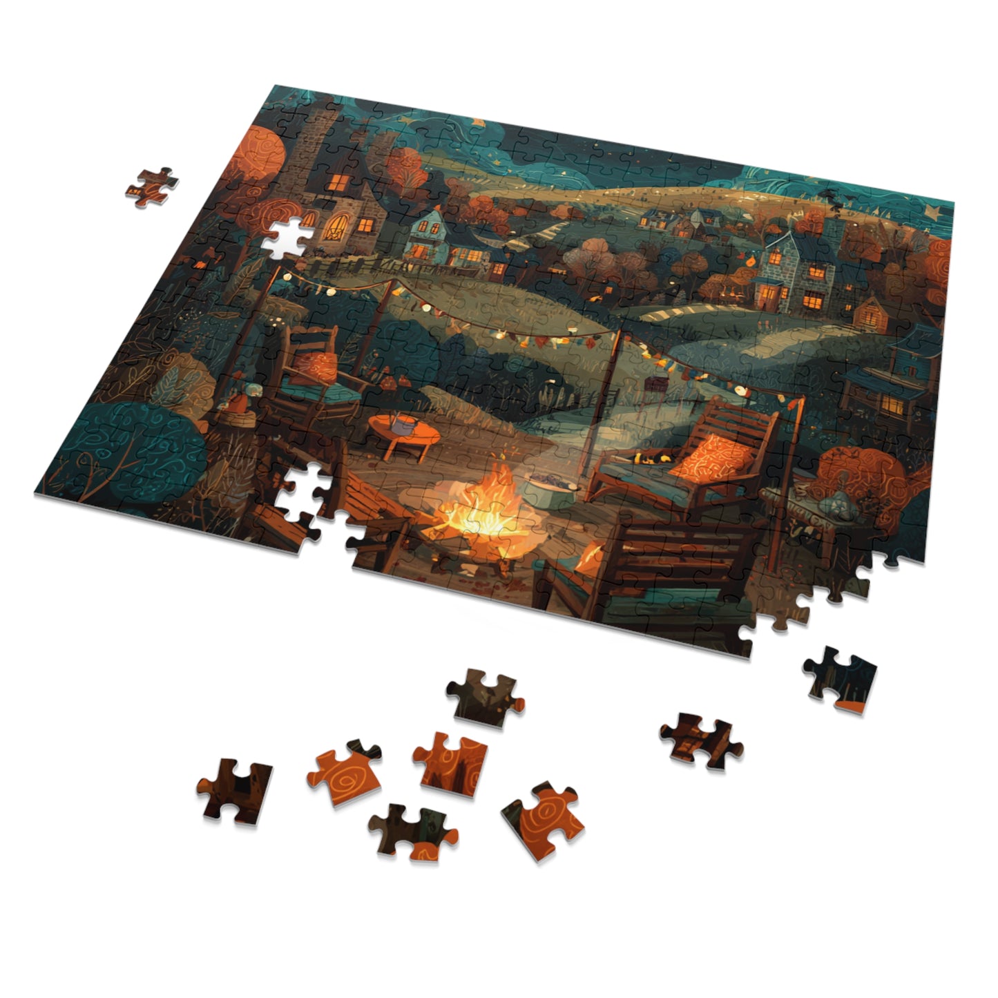 Cozy Campfire Village Jigsaw Puzzle with Tin — 500pc Scenic Nighttime Puzzle