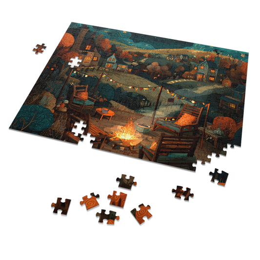 Cozy Campfire Village Jigsaw Puzzle with Tin — 500pc Scenic Nighttime Puzzle