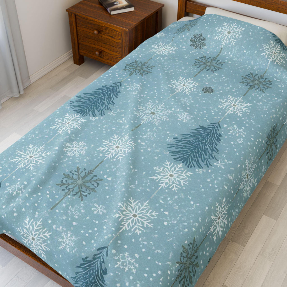 Snowflakes & Pine Trees Velveteen Plush Blanket | Calming Blue Winter Throw | Soft Cozy Blanket Gift for Her | Peaceful Holiday Home Decor