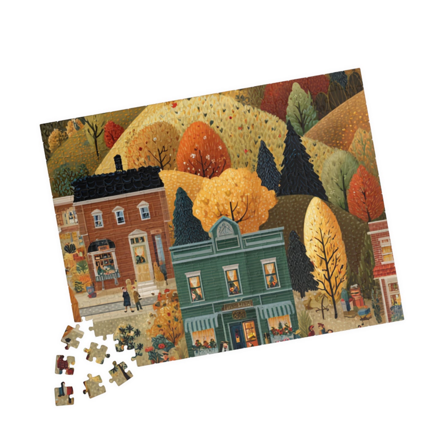 Whispering Pines Village Puzzle | Autumn Mountain Countryside Scene | Cozy Fall Jigsaw Gift | Jazz N’ Coffee Puzzles