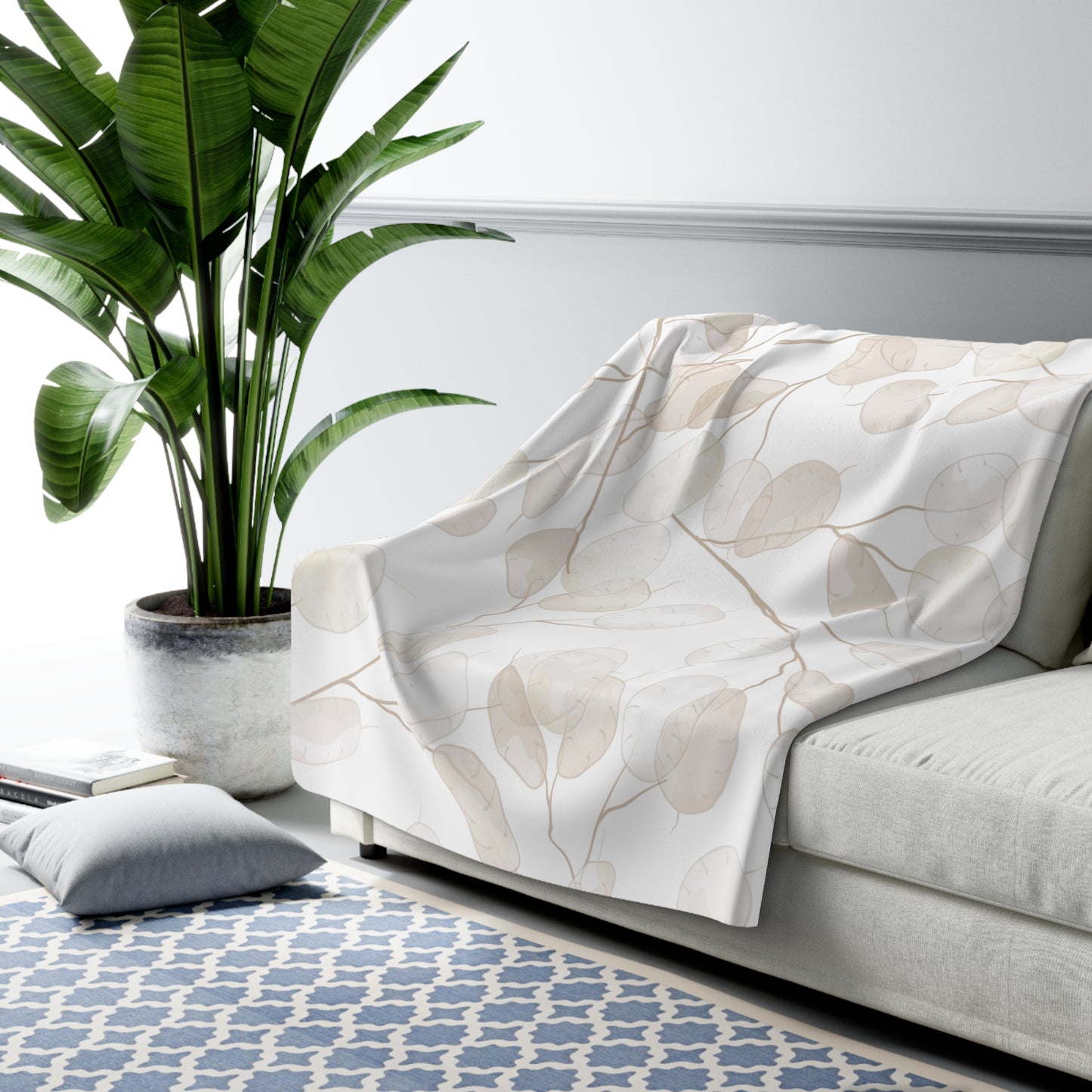 Cream & Beige Subtle Leaves Sherpa Fleece Blanket | Cozy Fall Throw | Neutral Home Decor | Soft Plush Blanket Gift | Warm Autumn Blanket