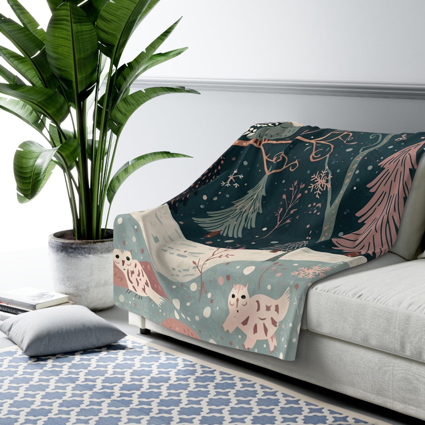 Whimsical Owl Sherpa Fleece Blanket | Cozy Winter Throw | Soft Owl Blanket Gift | Snowflake & Pine Tree Decor | Warm Plush Throw