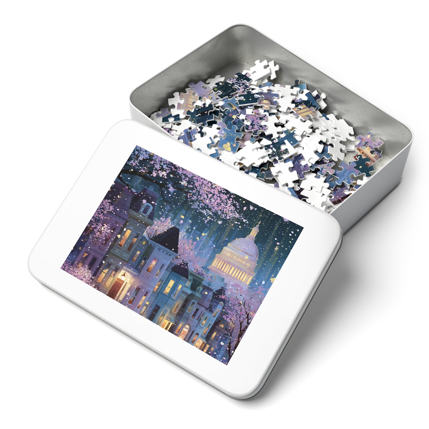 Whimsical Washington DC Cherry Blossom Puzzle – A Magical Springtime in the Nation’s Capital-Jigsaw Puzzle with Tin