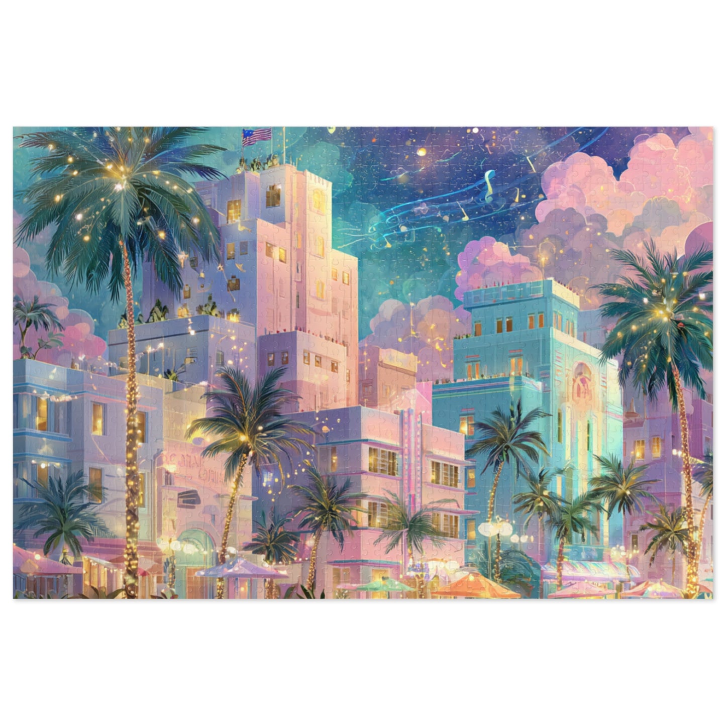 Whimsical Miami Puzzle – Colorful Tropical Cityscape-Jigsaw Puzzle with Tin