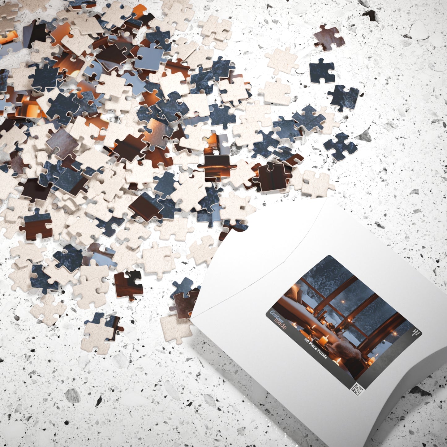Snowy Night Retreat- Puzzle of a Cozy Living Room with Firelight and Hot Coffee