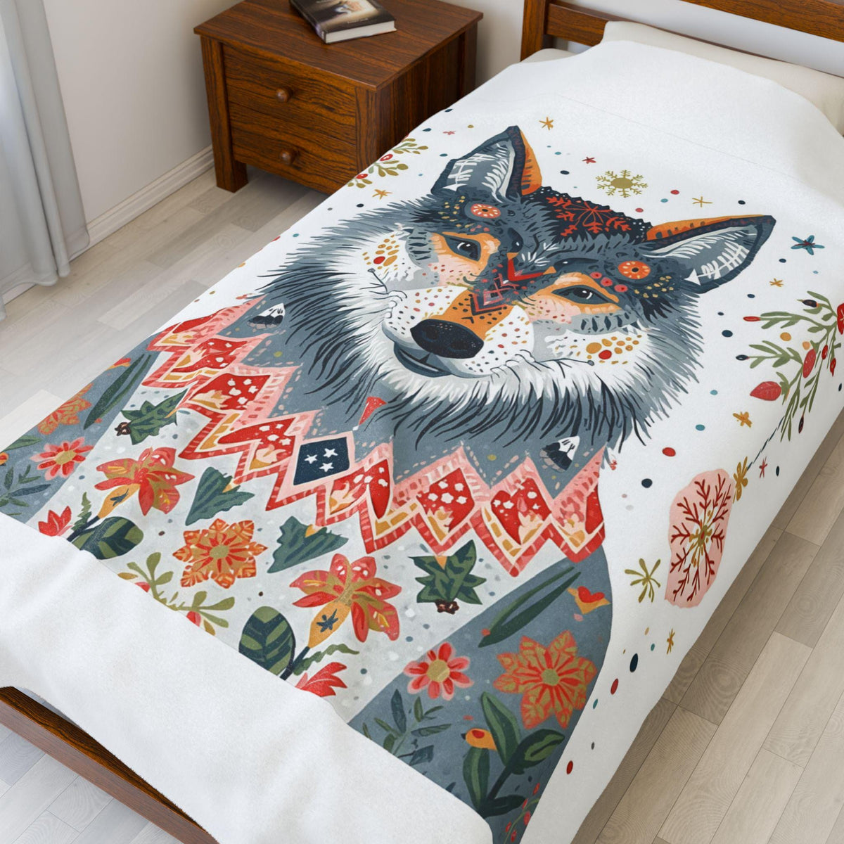 Whimsical Holiday Wolf Sherpa Fleece Blanket | Cozy Winter Throw | Soft Plush Christmas Blanket| Cute Wolf in Sweater | Festive Home Decor