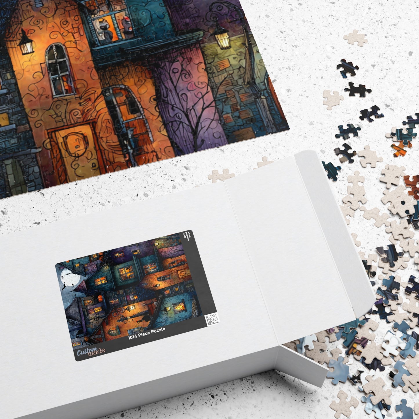 Spookington Village Puzzle Collection, Creepy Halloween Town with Black Cats in Windows, Whimsical & Spooky Jigsaw Halloween Themed Puzzle