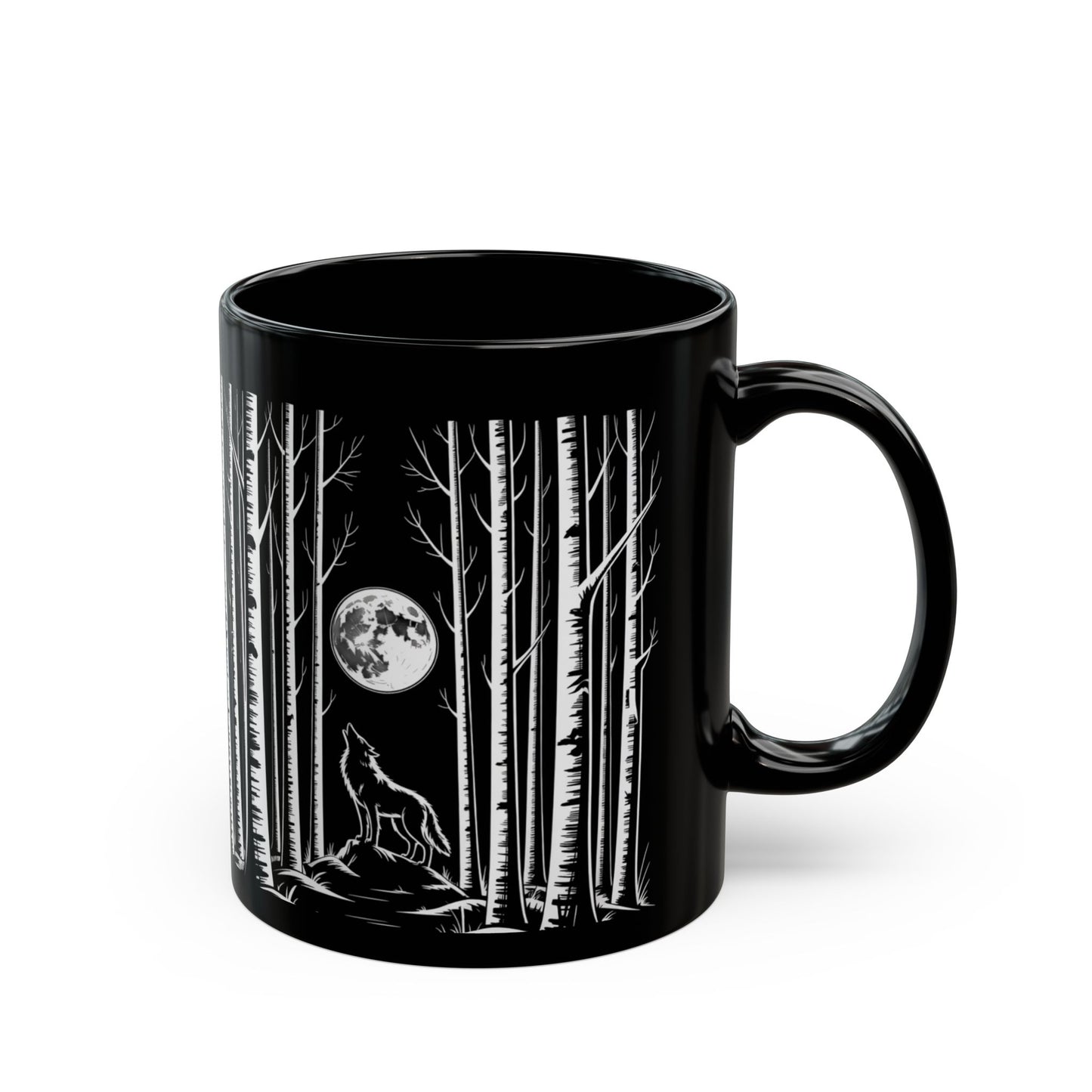 Wolf Howling at the Moon Forest Mug — Black Ceramic Coffee Cup (11oz, 15oz)