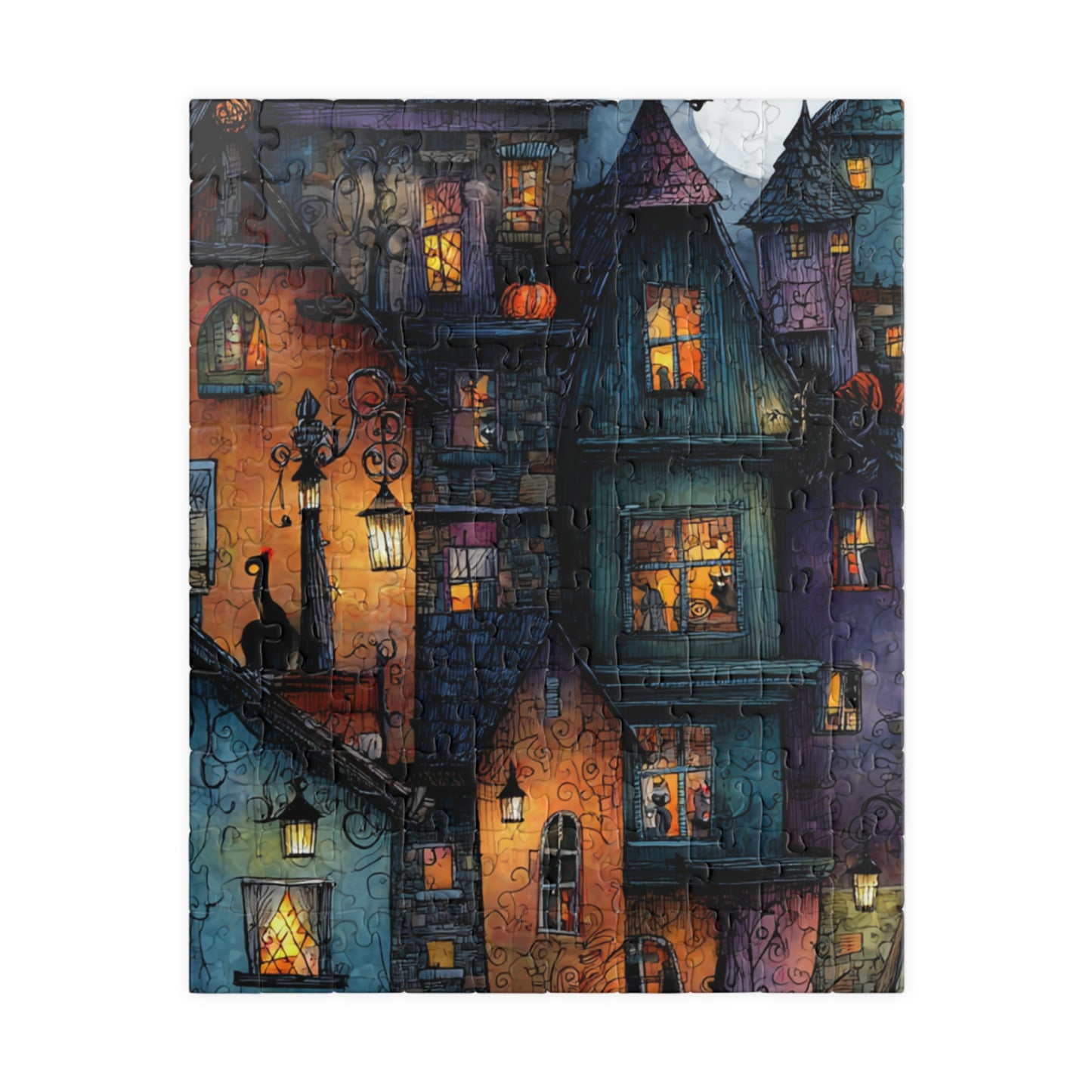 Spookington Village Puzzle Collection, Creepy Halloween Town with Black Cats in Windows, Whimsical & Spooky Jigsaw Halloween Themed Puzzle