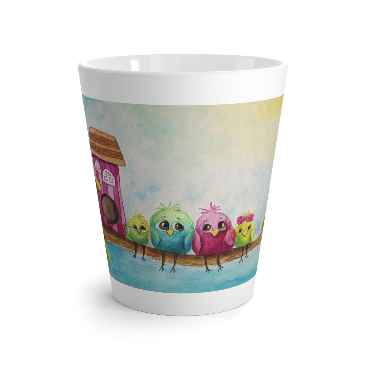 Colorful Birdhouse Latte Mug, 12oz Ceramic Mug, Bright Coffee Cup Gift for Bird Lovers and Nature Fans, Gift for Coffee or Tea Lovers