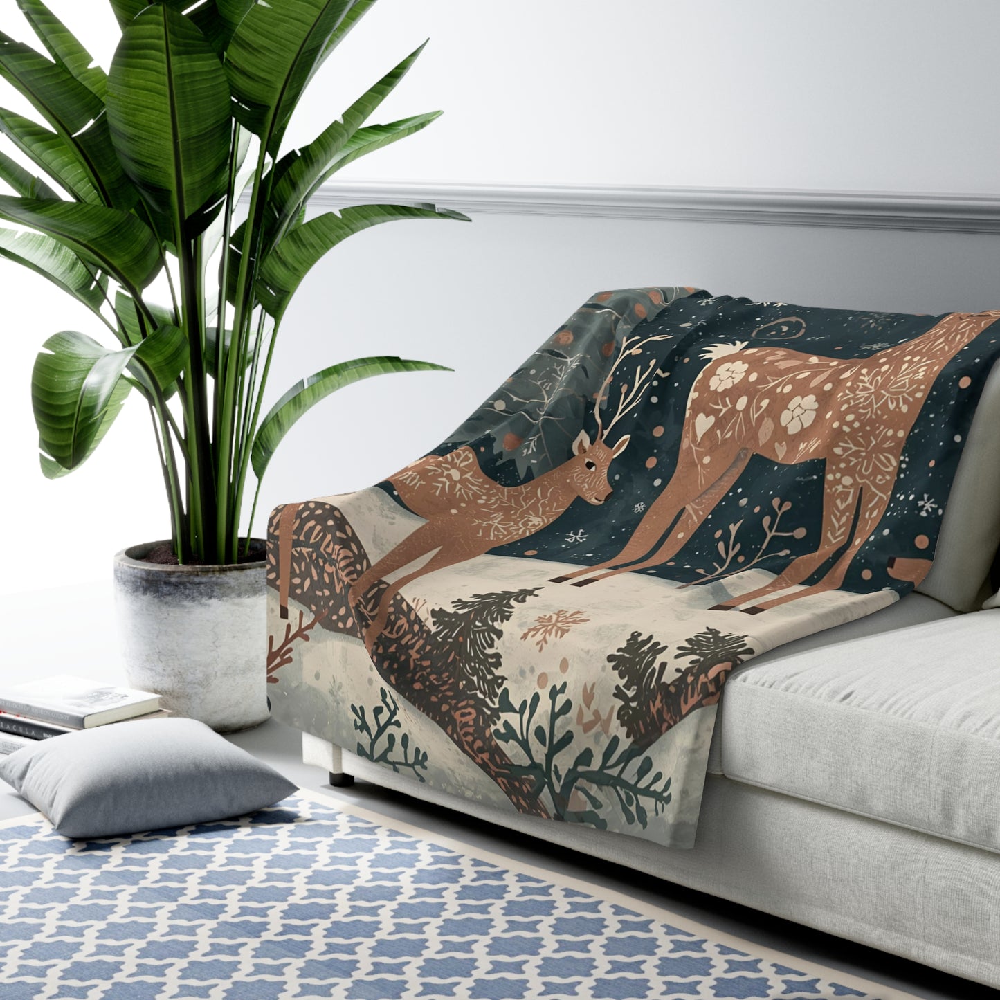 Whimsical Deer Sherpa Fleece Blanket | Winter Deer, Snowflake & Pine Tree Throw | Cozy Woodland Blanket Gift | Soft Plush Warm Winter Decor