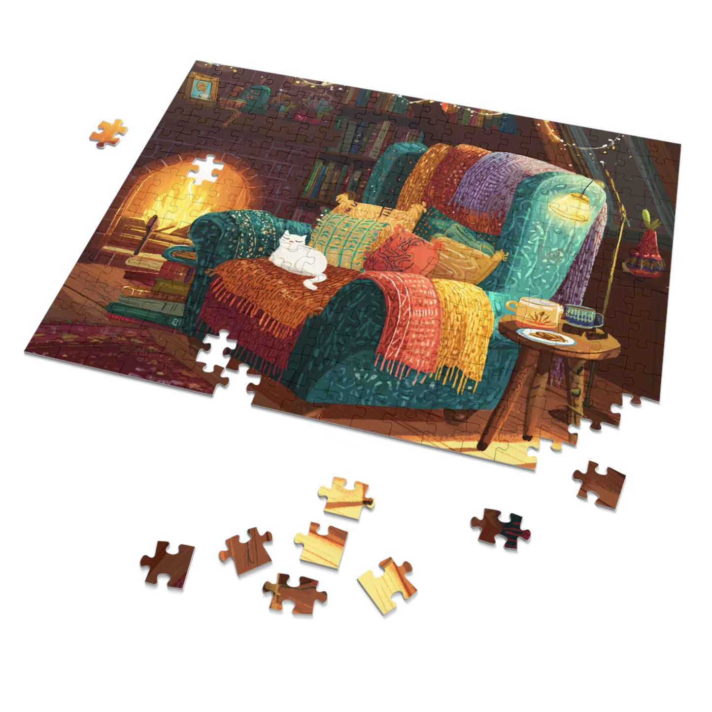 Colorful Cozy Armchair With A White Cat and Fireplace Jigsaw Puzzle with Tin – 500-Piece Relaxing Reading Nook Scene
