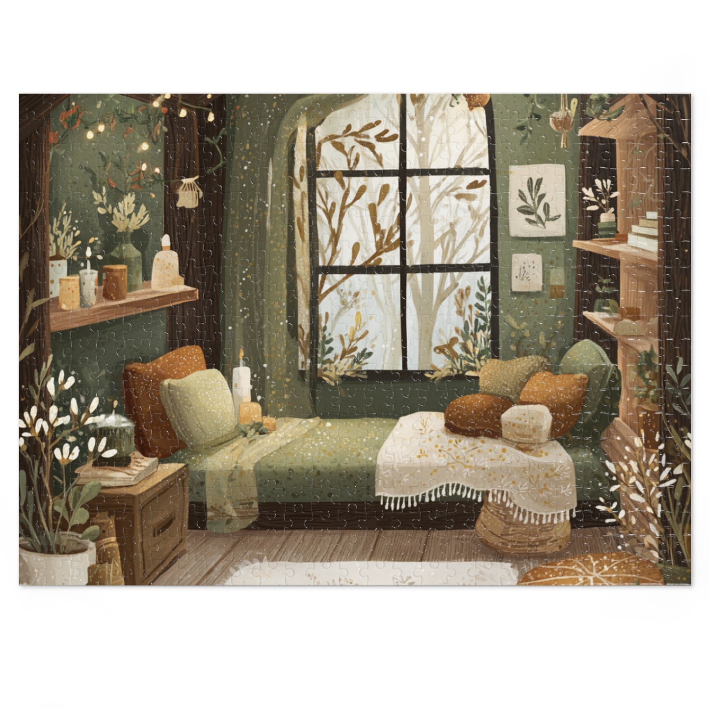 Cozy Green Living Room Reading Nook Jigsaw Puzzle (with Tin)