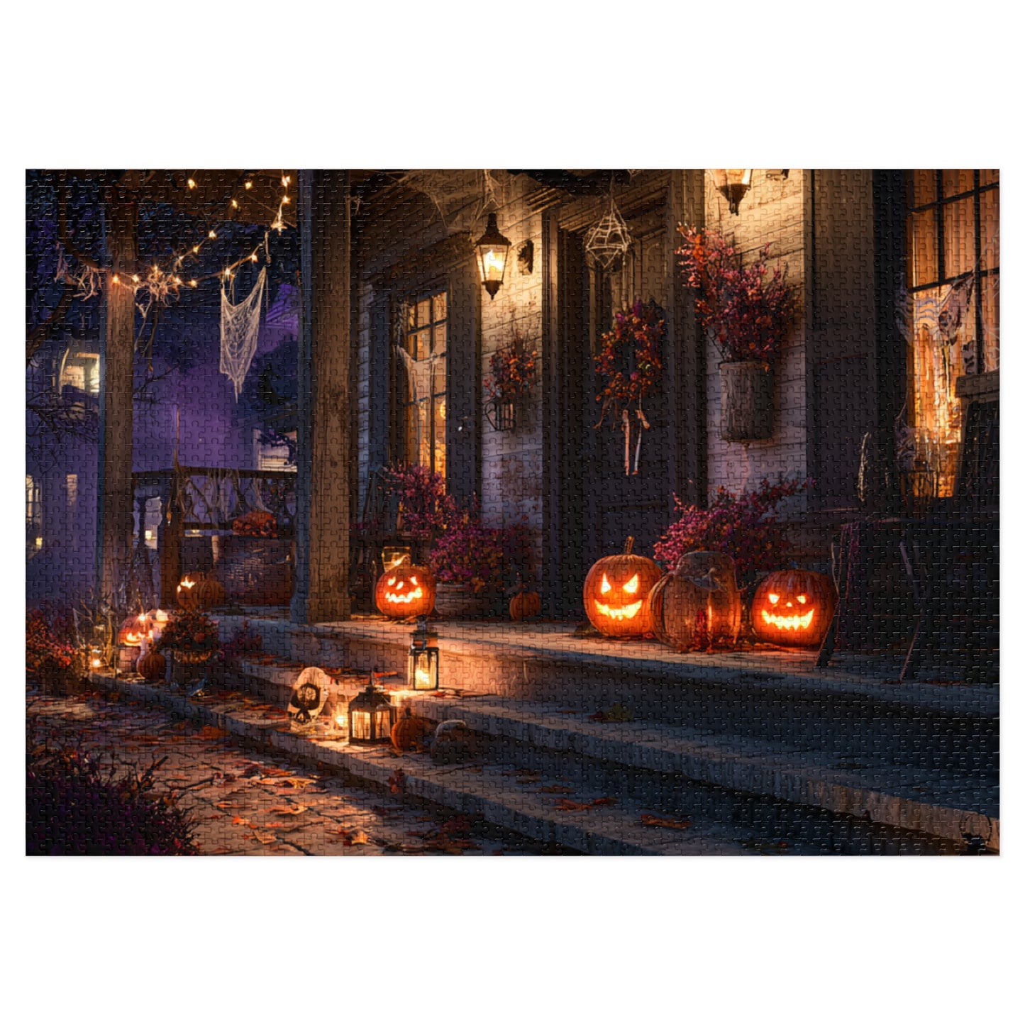 Haunted Halloween Porch Puzzle with Tin, 30, 110, 252, 500, 1000 and 2000-piece variations, Puzzle for Halloween Lovers