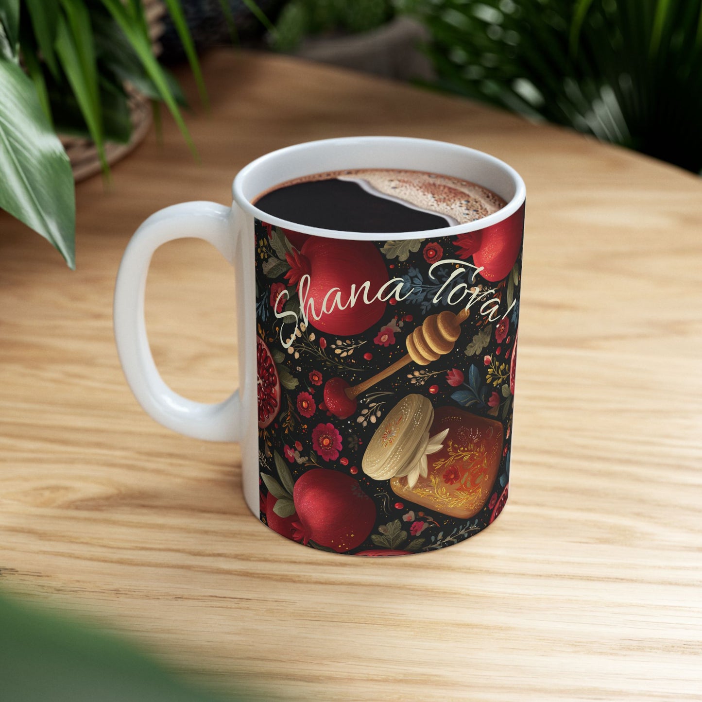 Rosh Hashanah Mug, Ceramic Cup with Honey, Apples, and Pomegranates, Sweet Jewish New Year Gift, 11oz, 15oz, and mugs