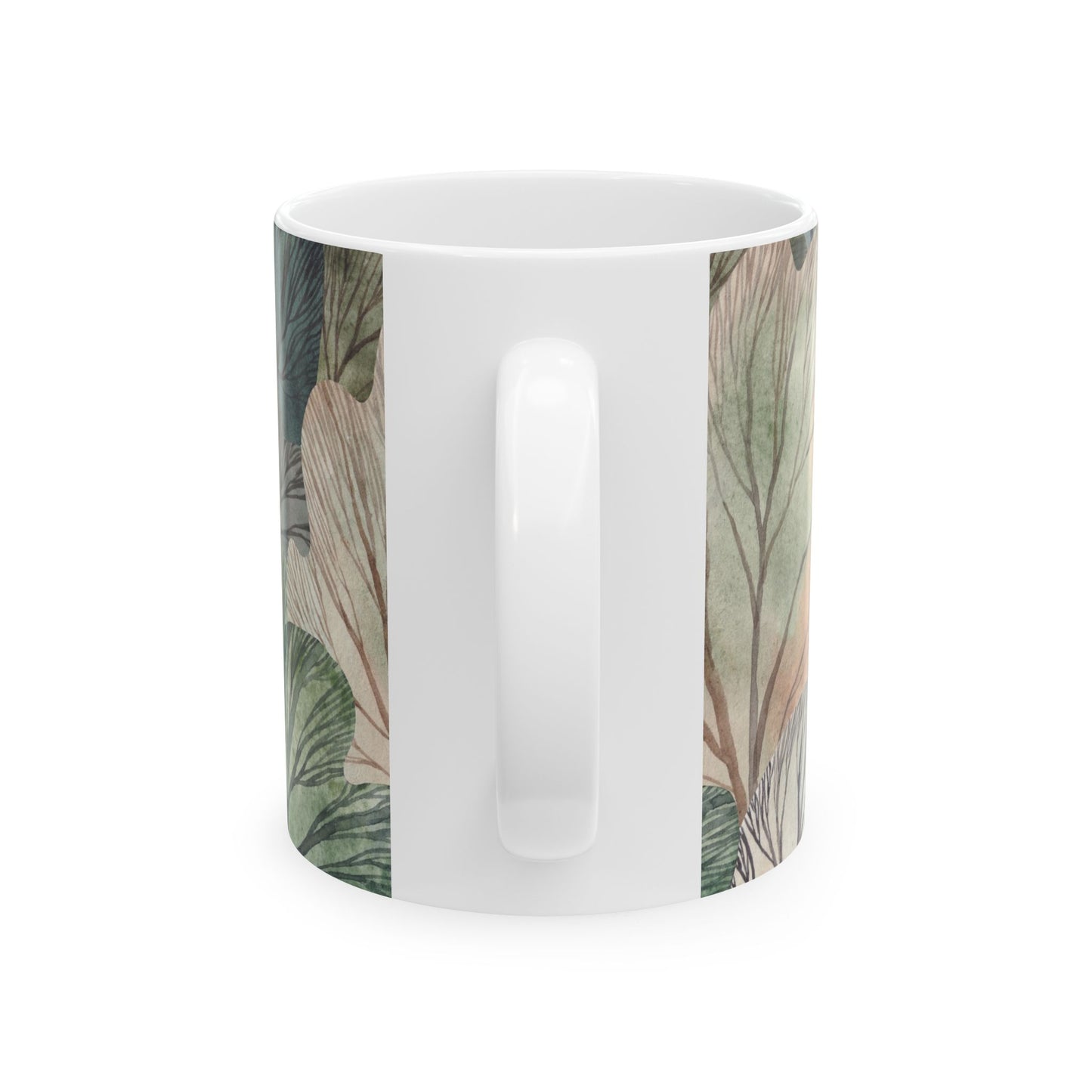 Whimsical Forest Ceramic Mug, Woodland Leaves in Muted Green, Gray and Cream, Cozy Nature Coffee Cup, 11oz & 15oz