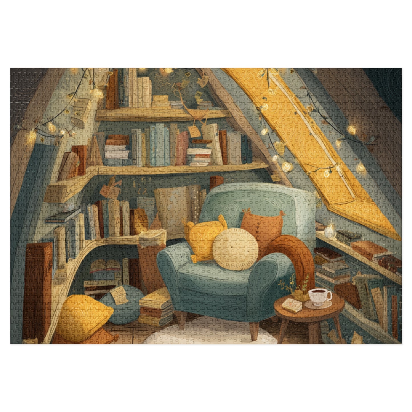 Cozy Reading Nook Jigsaw Puzzle (with Tin) — Warm Attic Books & Tea Scene