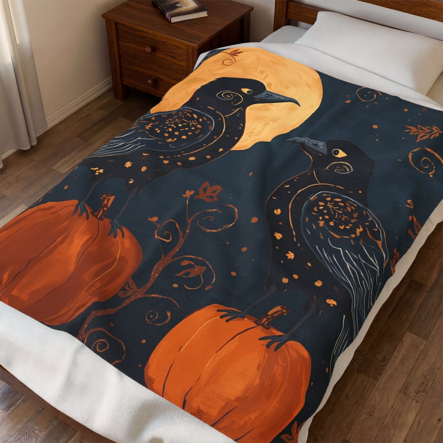 Whimsical Crows with Full Moon Velveteen Plush Blanket | Cozy Fall Throw | Warm Autumn Home Decor | Pumpkin Design