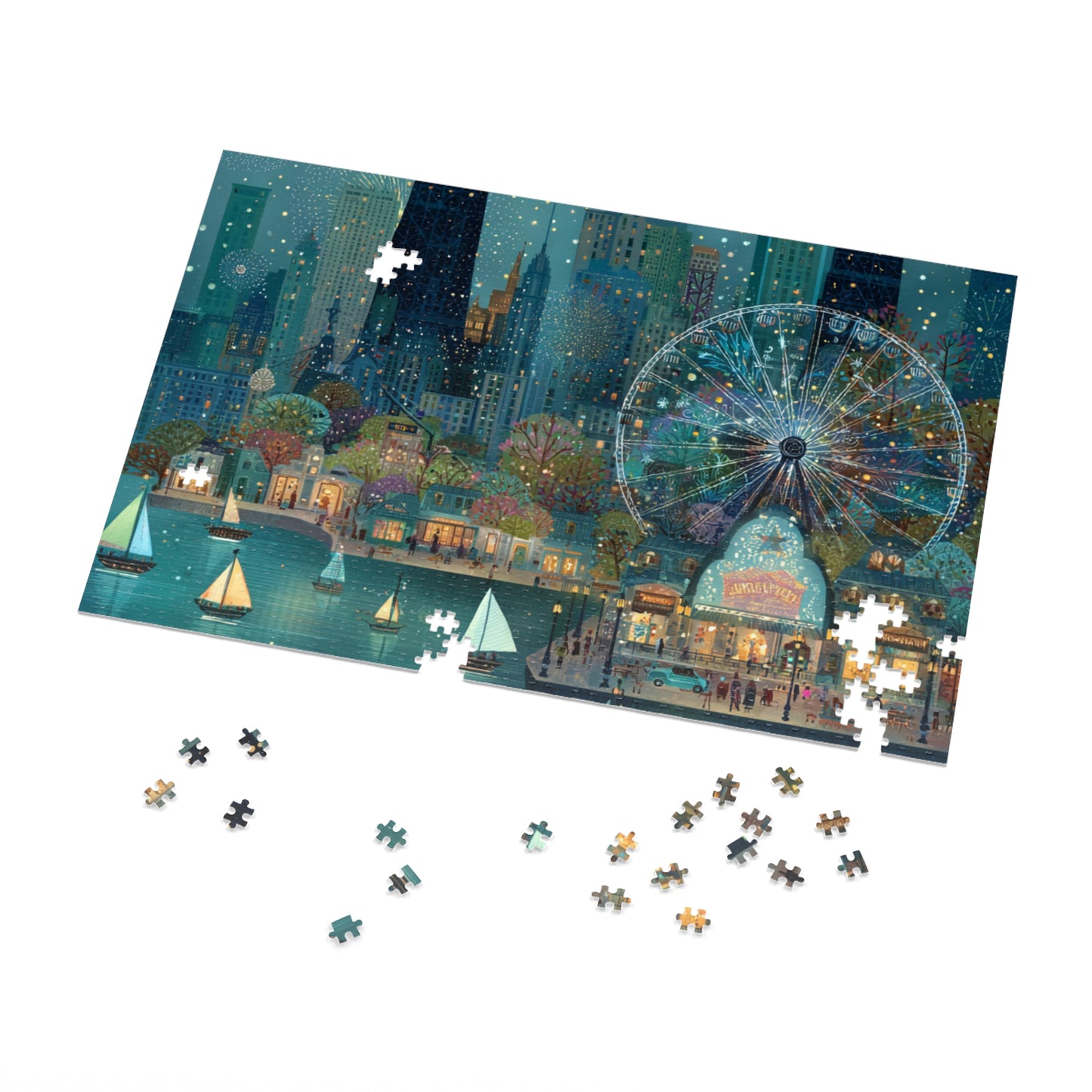 Seattle Waterfront Whimsical Jigsaw Puzzle with Tin
