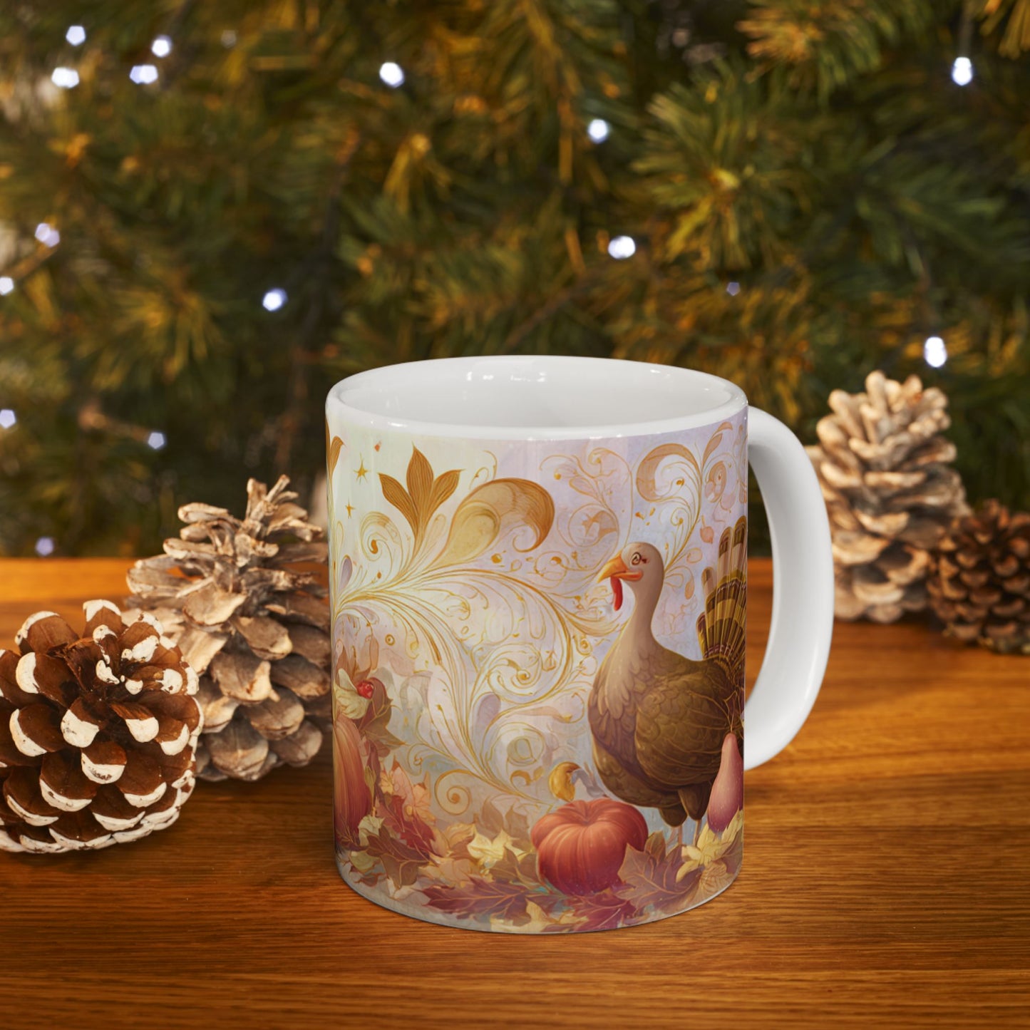 Whimsical Thanksgiving Mug, Pumpkin & Turkey Design, Autumn Coffee Cup, Festive Fall Decor, Harvest Gift, 11 oz and 15 oz Mugs