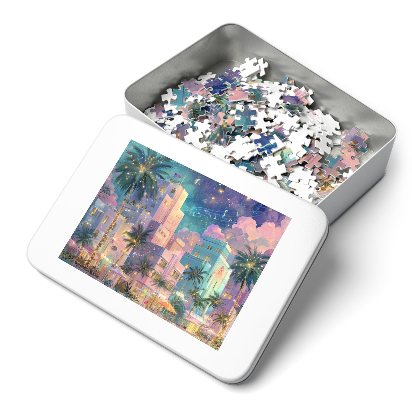 Whimsical Miami Puzzle – Colorful Tropical Cityscape-Jigsaw Puzzle with Tin
