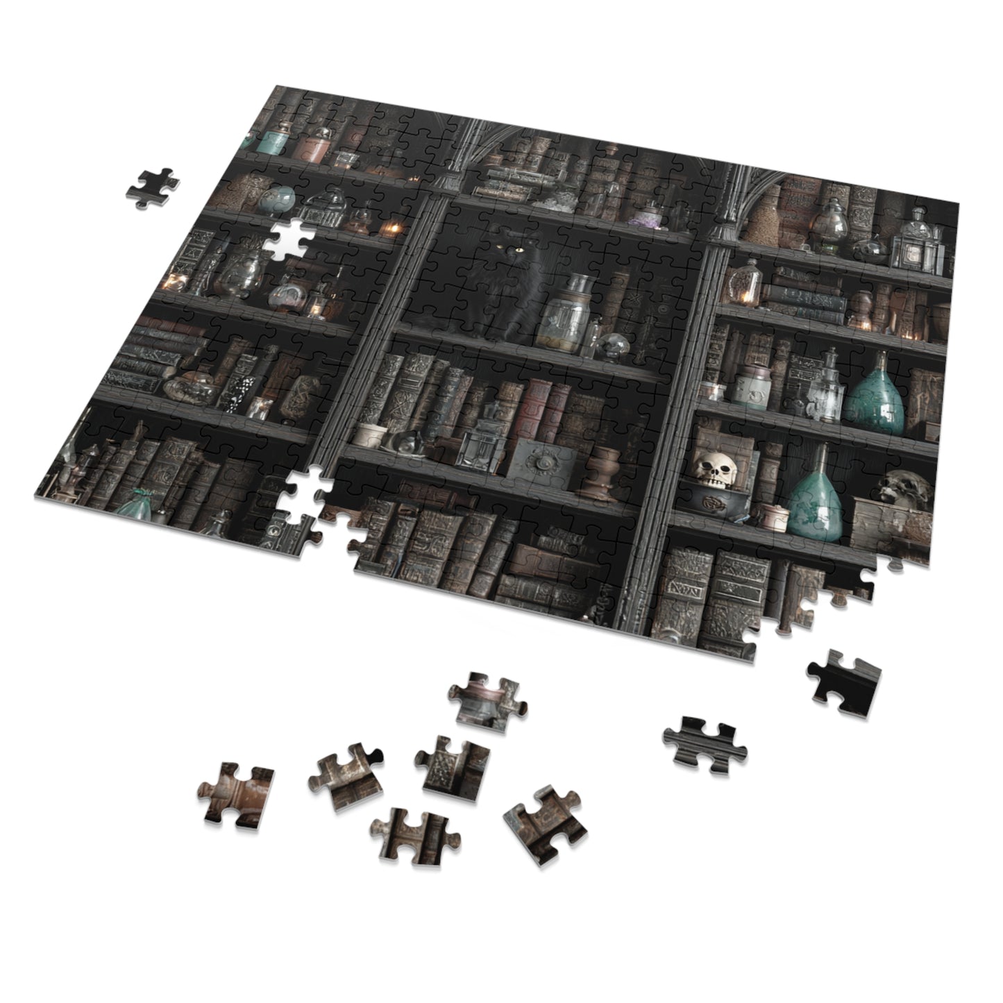 Witchs Shadowy Library Puzzle with a Black Cat, Spellbooks and Enchanted Tomes, Jigsaw Puzzle with tin,  Halloween Gift Idea