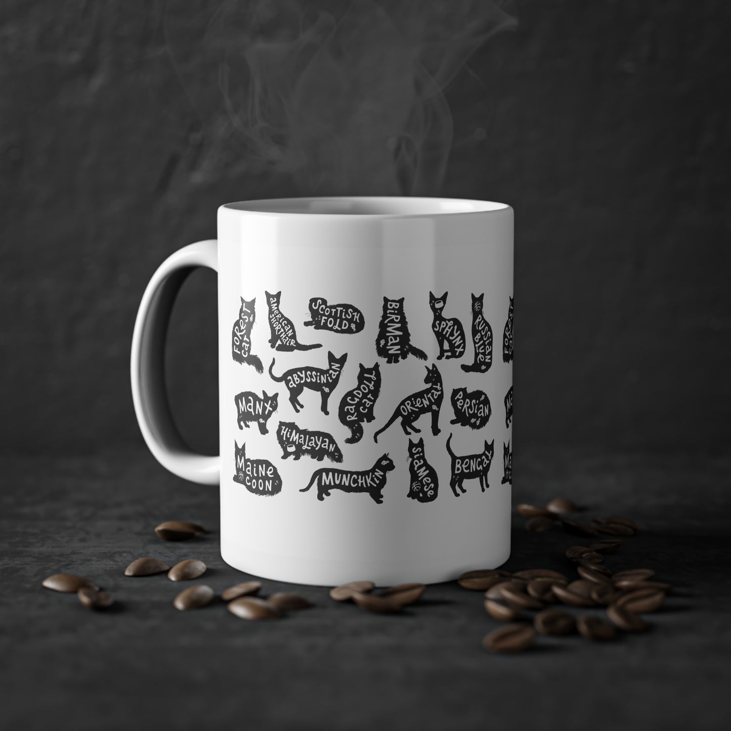Cat Breeds Mug, 11oz Mug, Cute Coffee Cup for Cat Lovers,  Kitty Art Mug for Cat Moms & Dads, Veterinarian Gift, Pet Sitter Gift