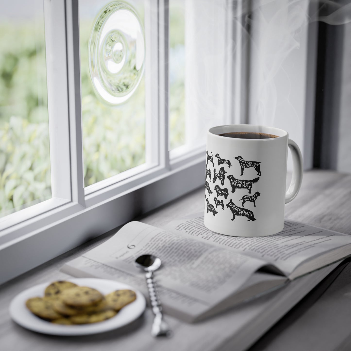 Dog Breeds Mug – Black Silhouette Breed Names Coffee Cup (11 oz)