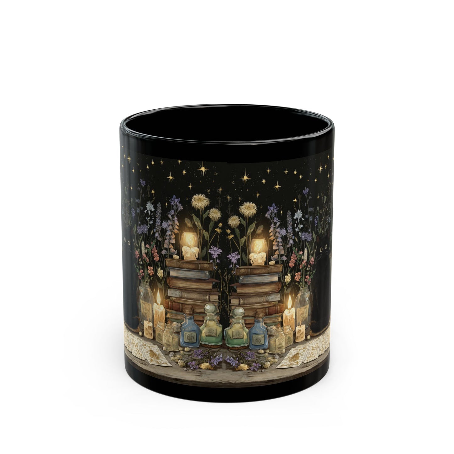 Witchy Black Cat Alchemy Mug — Candlelit Potions & Starry Books (11oz/15oz)