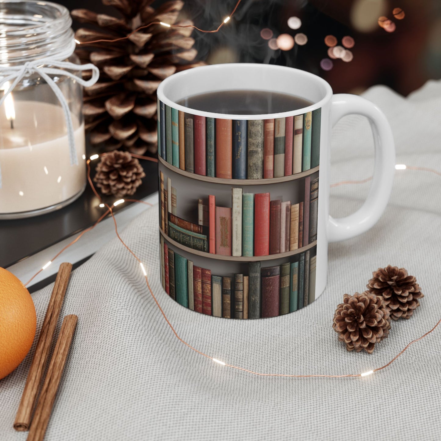 Bookshelf Ceramic Mug | Cozy Book Lover Gift | Reading Coffee and Tea Mug | Book Club Gift | Jazz N’ Coffee Puzzles
