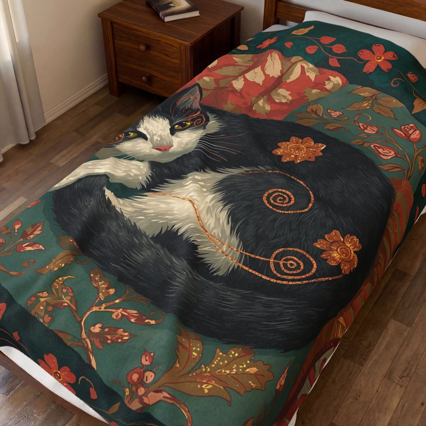 Whimsical Cat on Cozy Chair Velveteen Plush Blanket | Fall Home Decor | Soft Warm Throw | Cozy Cat Lover Gift | Autumn Aesthetic Blanket