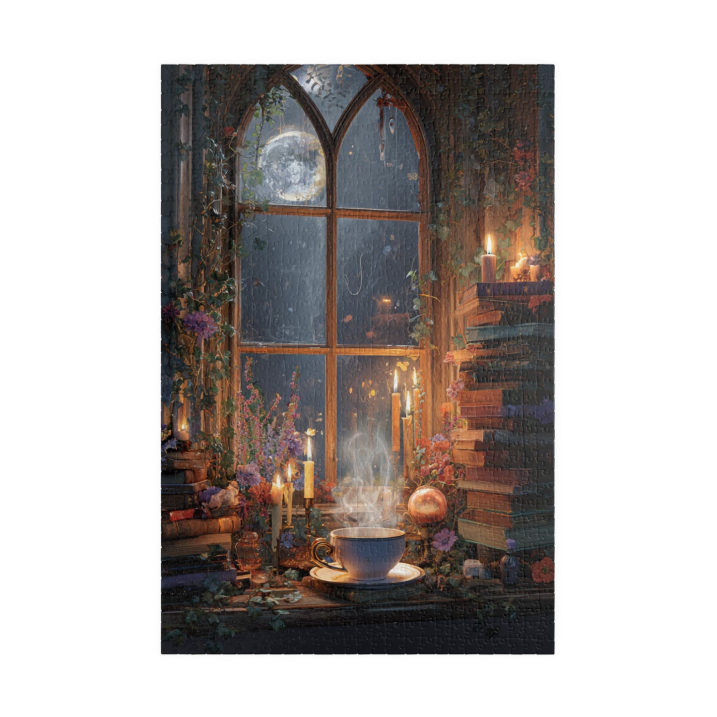 Moonlit Witchs Den Puzzle with Spellbooks, Herbal Remedies and Candlelit Magic Jigsaw Puzzle, Witchy Puzzle, Halloween Puzzle