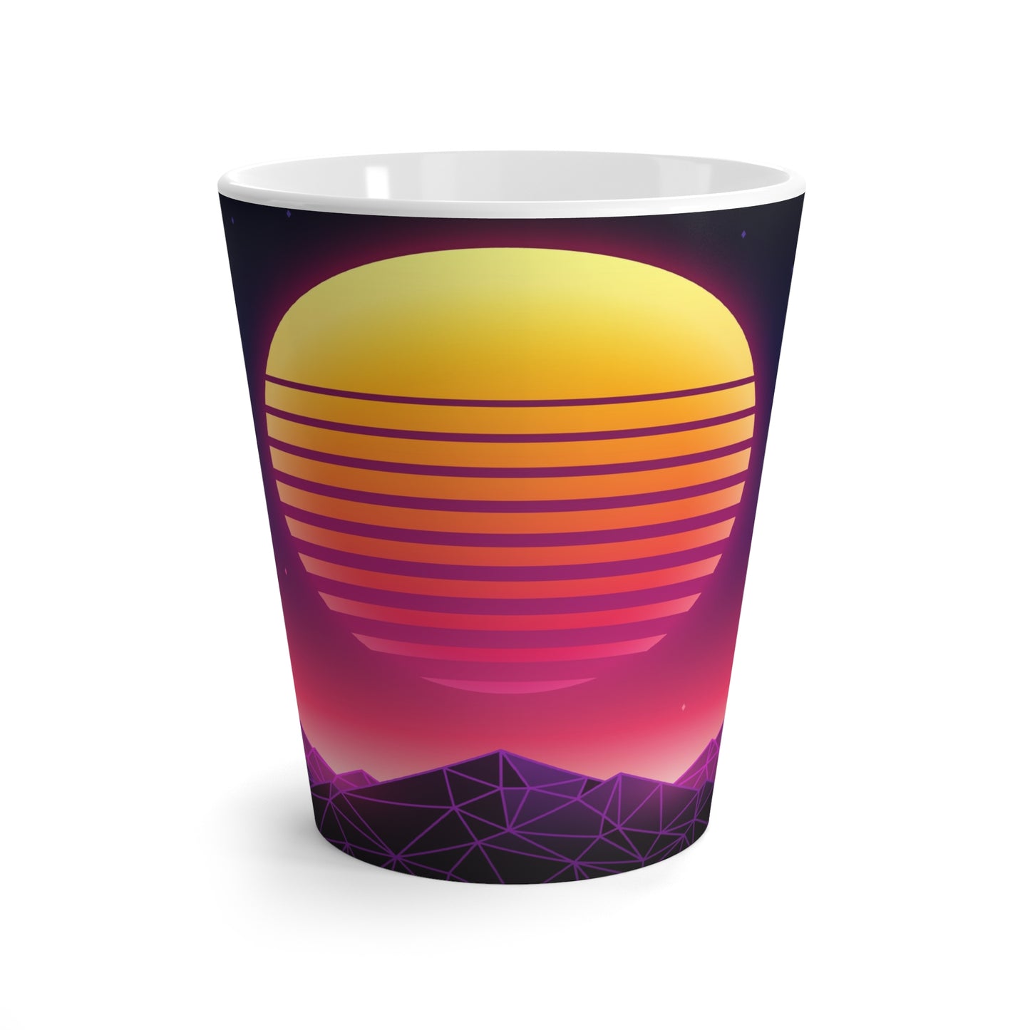 Retro Sunset Latte Mug — Vaporwave Neon Sun & Synthwave Mountains