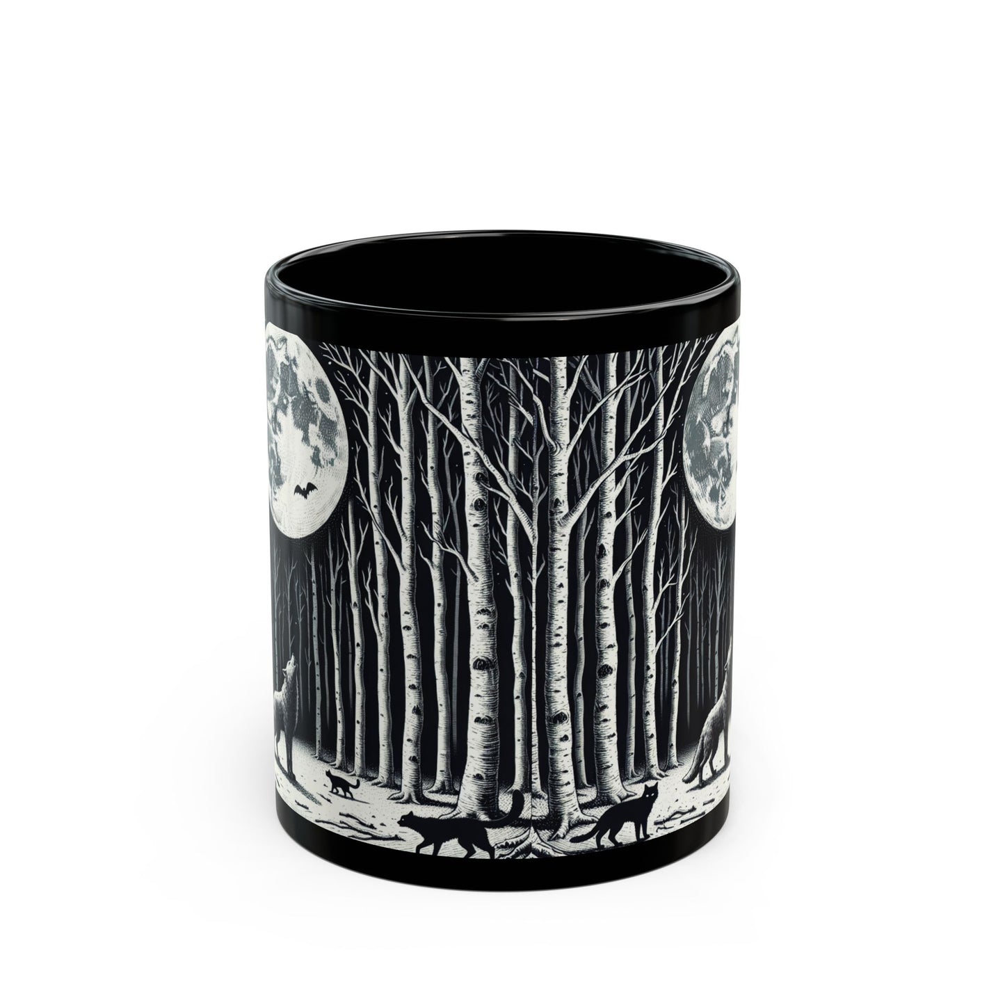Mystical Moonlit Forest Mug with Wolf and Black Cat, Black Coffee Cup, Forest Lovers Gift, Perfect for Halloween