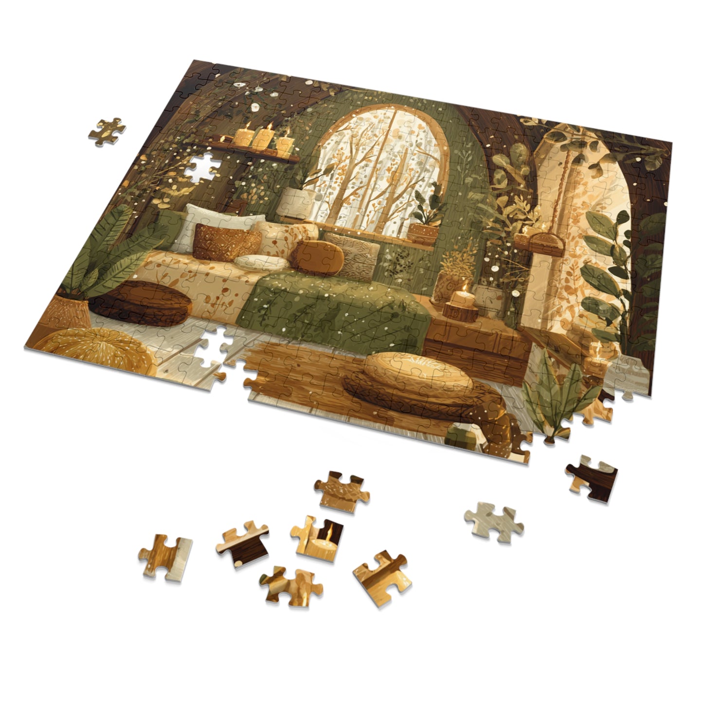 Cozy Green Nook Jigsaw Puzzle with Tin – Calming Botanical Room Scene