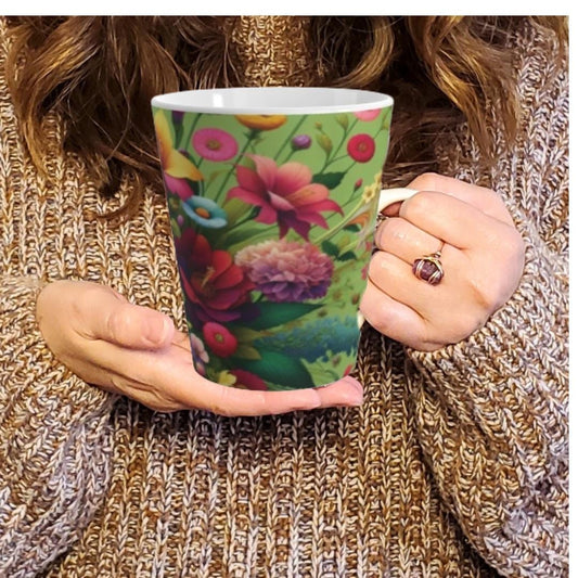 Floral Latte Mug, Bright Colorful 12 oz Coffee Cup with Pink, Yellow, Gift for Flower Lovers, Gift for Coffee Lovers, 12 oz Mug