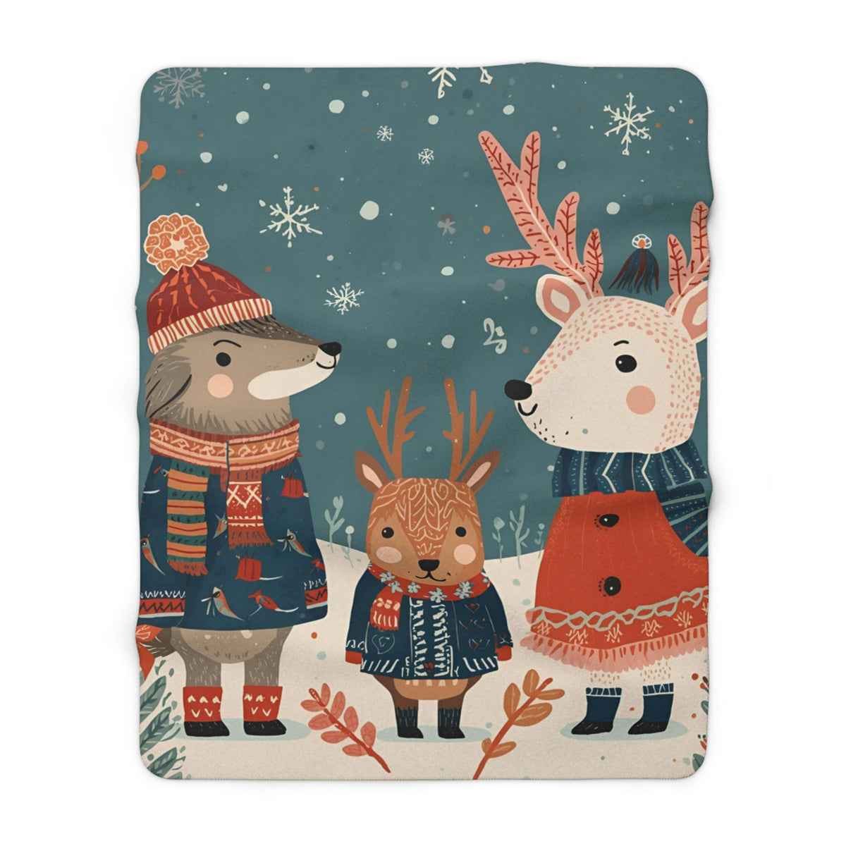 Whimsical Winter Animals Sherpa Fleece Blanket | Cozy Snow Scene Throw | Cute Dog Squirrel & Deer | Soft Plush Blanket