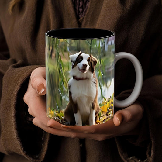 Red Merle Australian Shepherd Mug | Aussie Dog Coffee & Tea Cup | Color Accent Ceramic Gift for Dog Lovers, 11oz and 15oz Mugs
